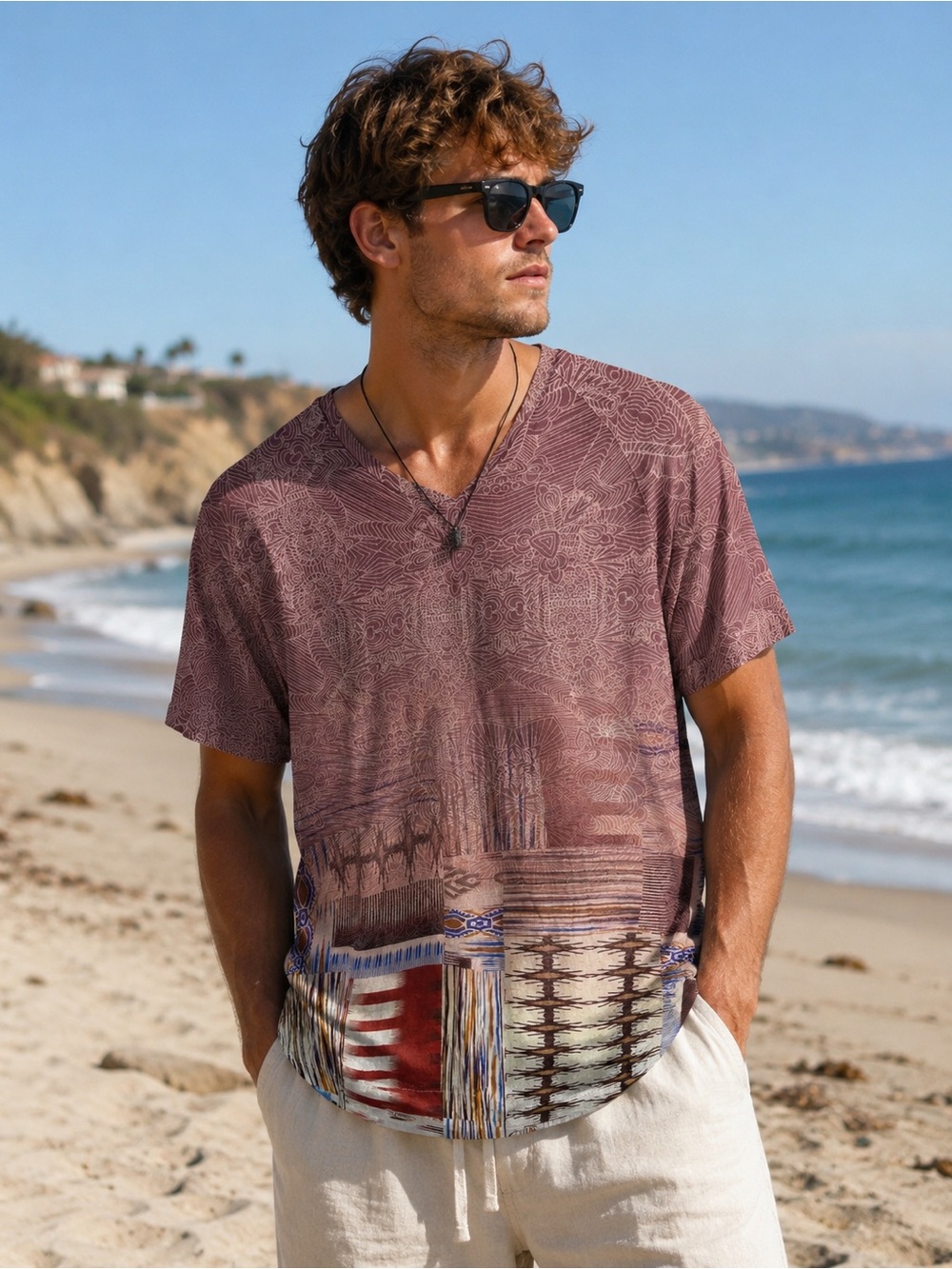 Robert Graham Magenta Brown Abstract Print Classic Fit Cotton Short Sleeve Tee M